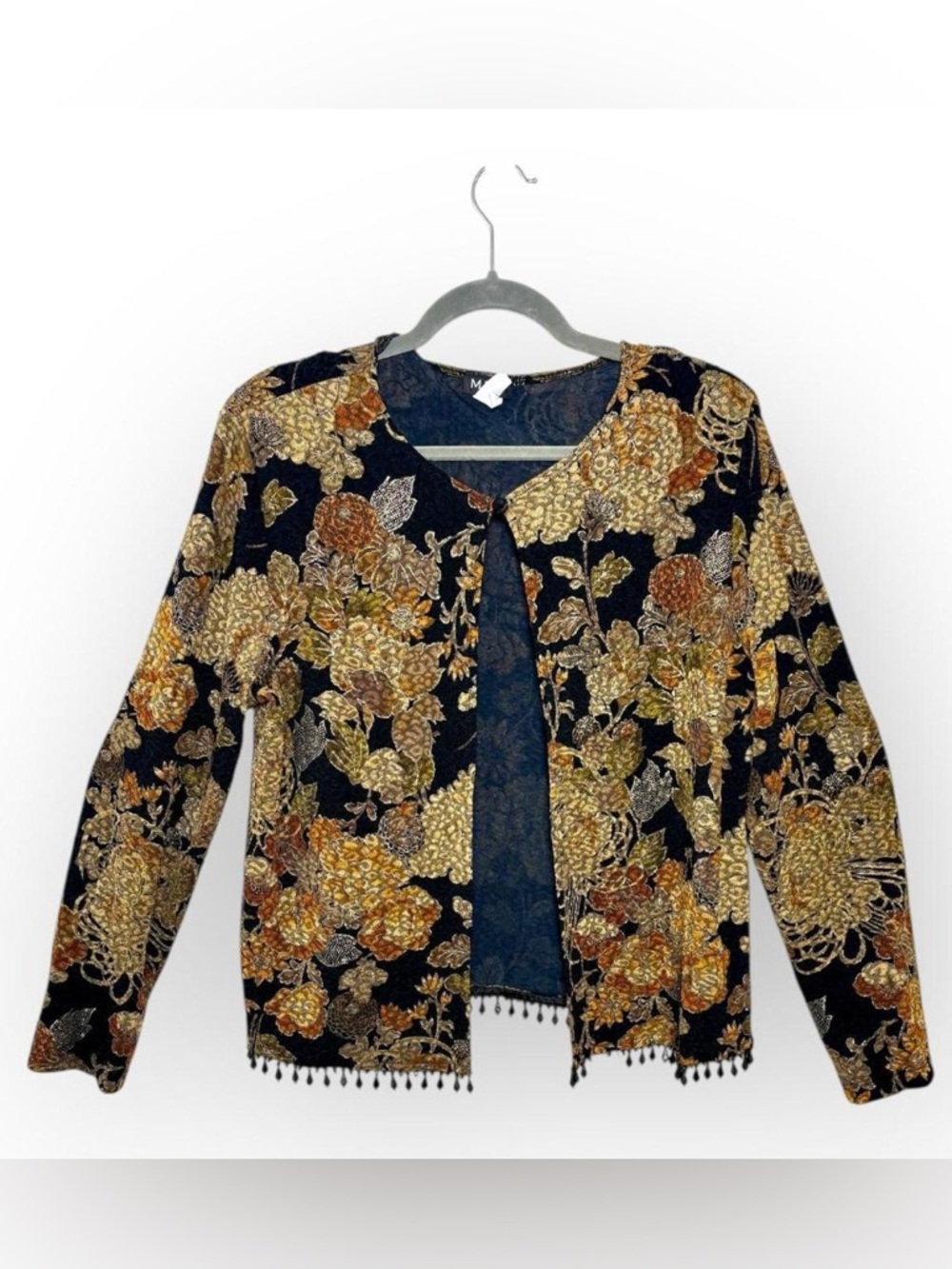 Vintage MSK Black Floral Brocade Beaded Hem Evening Cardigan Jacket XL